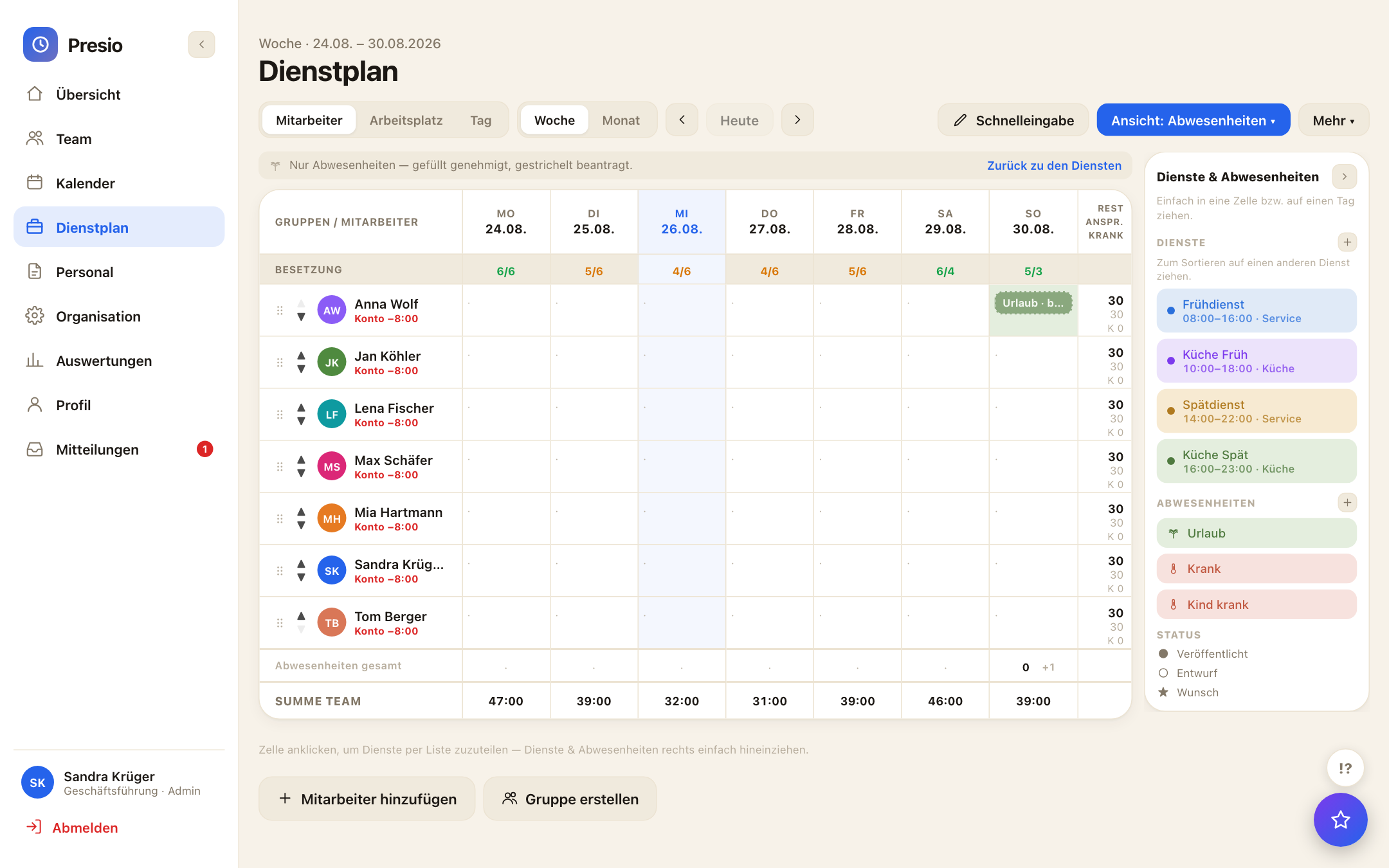 Abwesenheitssicht im Dienstplan: nur Urlaub, Krank und Co. mit Resturlaub je Mitarbeiter