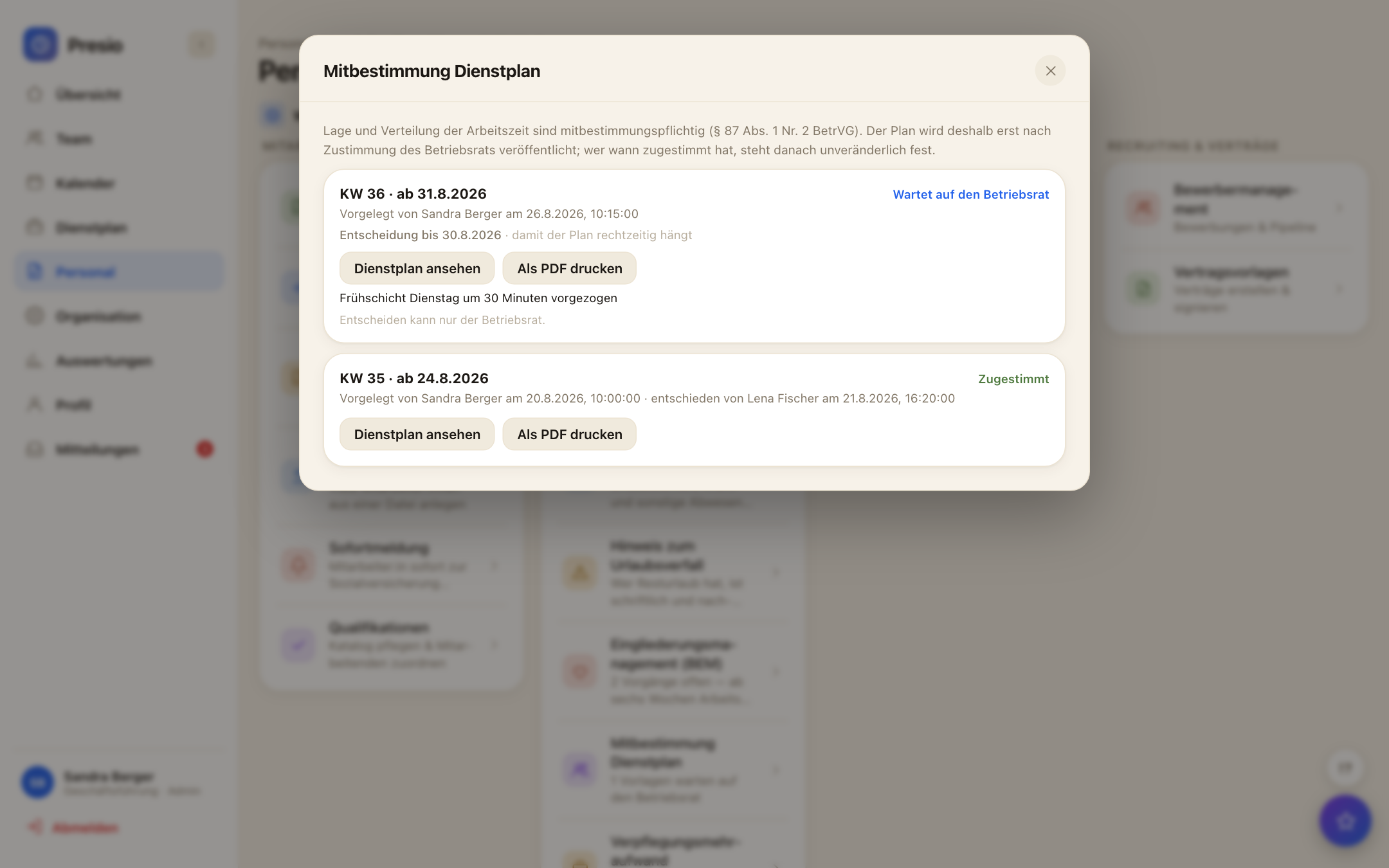Dienstplan mit Vorlage an den Betriebsrat vor der Veröffentlichung