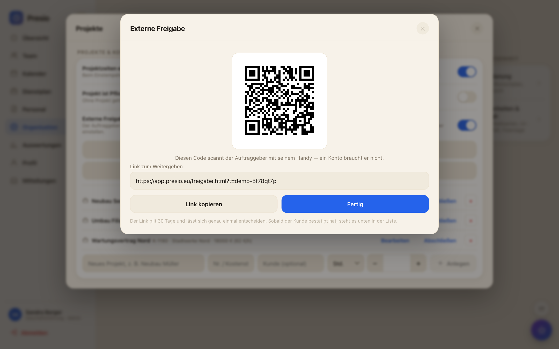 Externe Freigabe der Stunden: QR-Code, den der Kunde vor Ort scannt, samt Stundenaufstellung und Beträgen