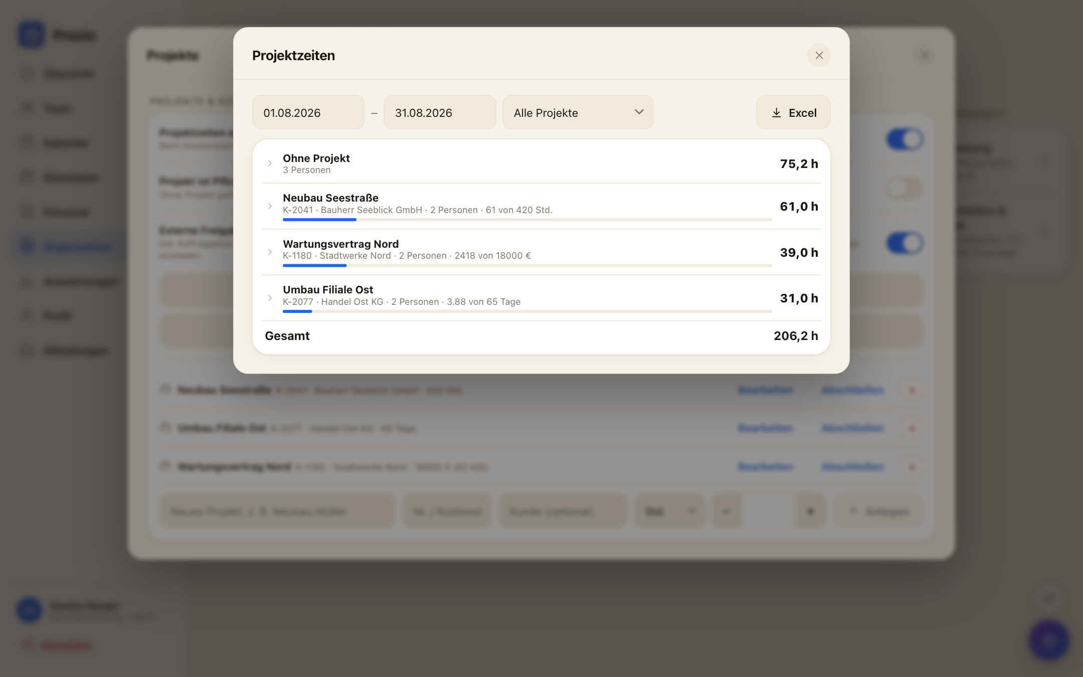 Auswertung der Projektzeiten: Stunden je Projekt und Person mit Budget-Balken und Excel-Export
