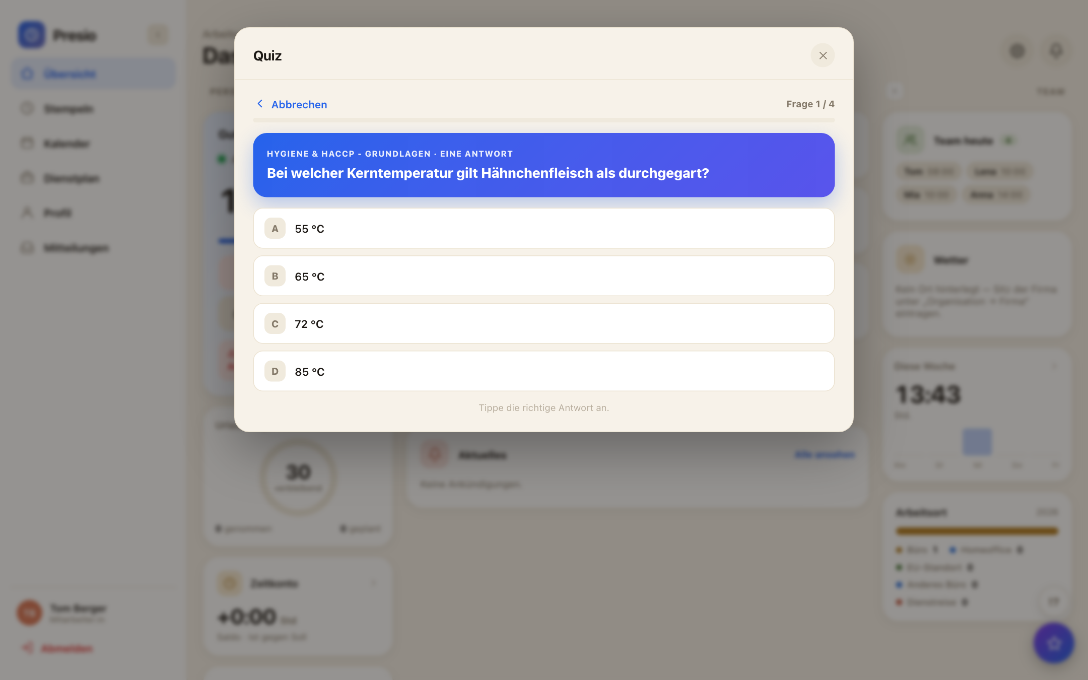 Team-Quiz zur Speisekarte und zu Hygieneregeln mit Fragen aus eigenen Unterlagen