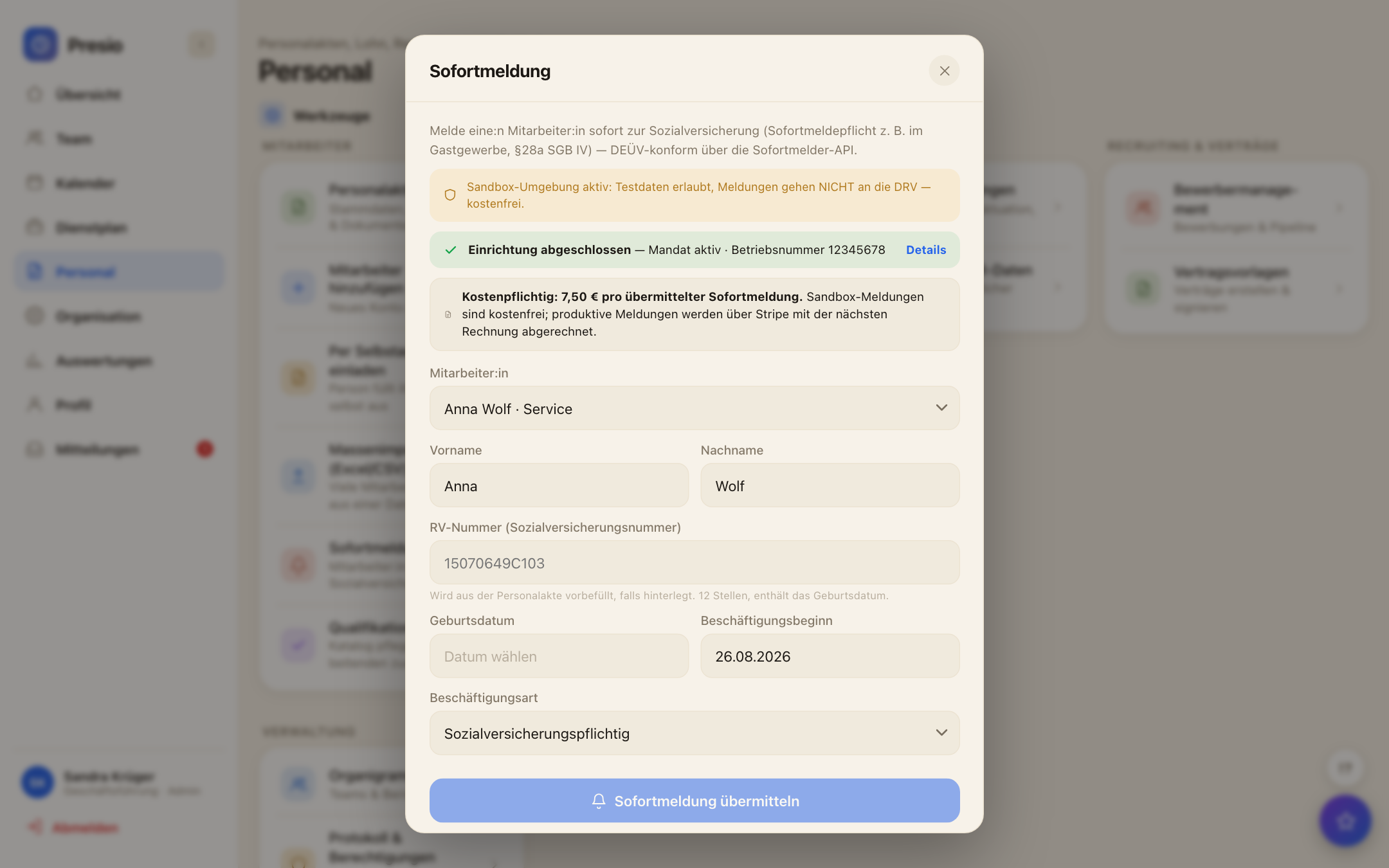 Sofortmeldung an die Rentenversicherung mit aus der Personalakte vorausgefüllten Daten