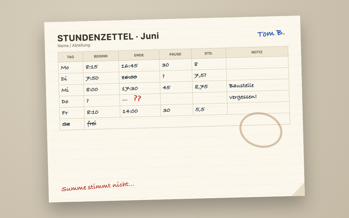 Vorher: Stundenzettel auf Papier